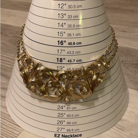 Gold Tone Clear Rhinestone Double Chain Scrolling Filigree Bib Necklace - Picture 2 of 5
